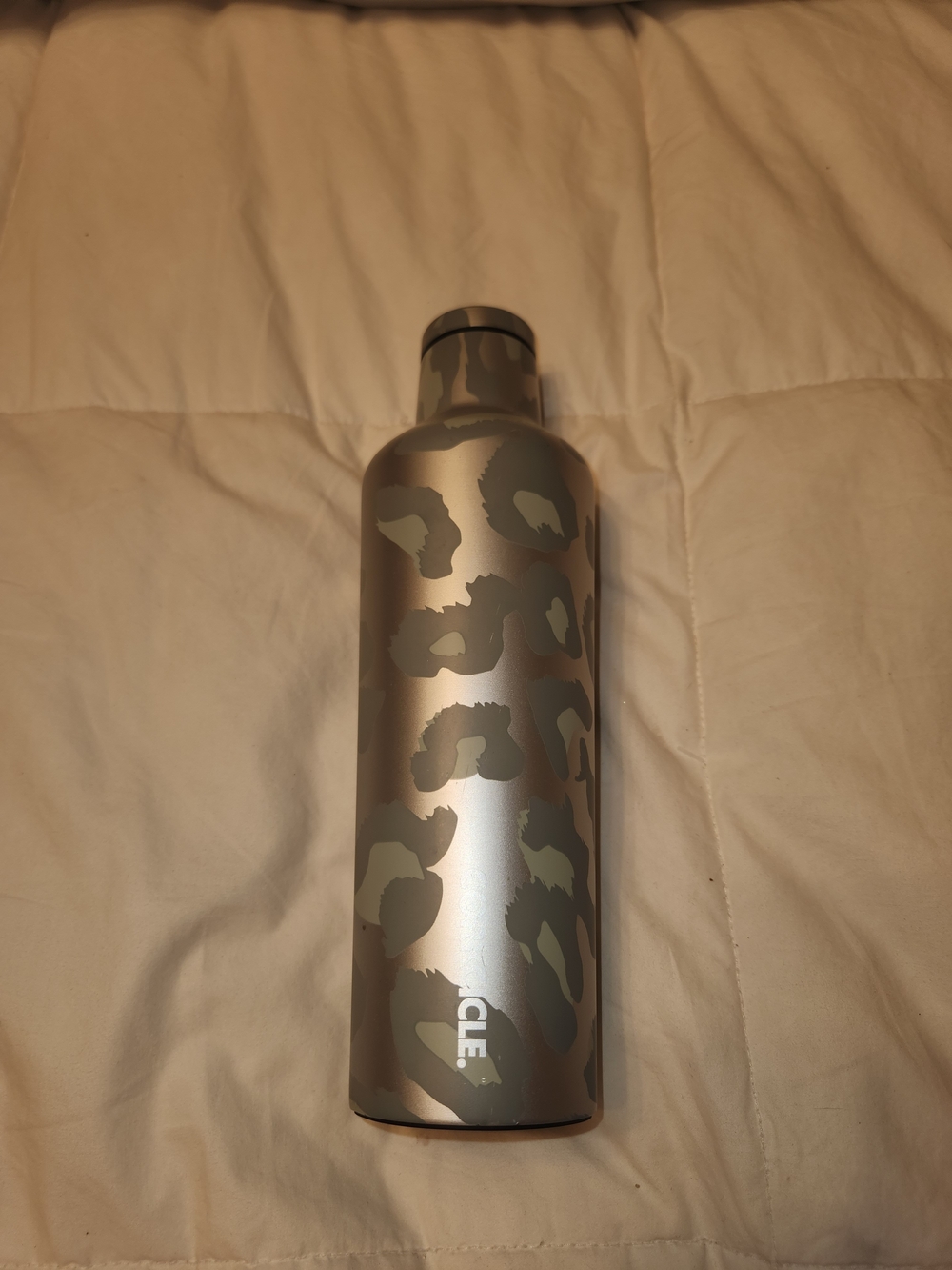 Corkcicle Silver Water Bottle with Grey Leopard Print